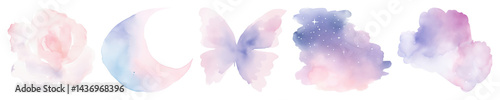 Obraz na płótnie PNG Dreamy watercolor celestial elements, element set on transparent background w salonie