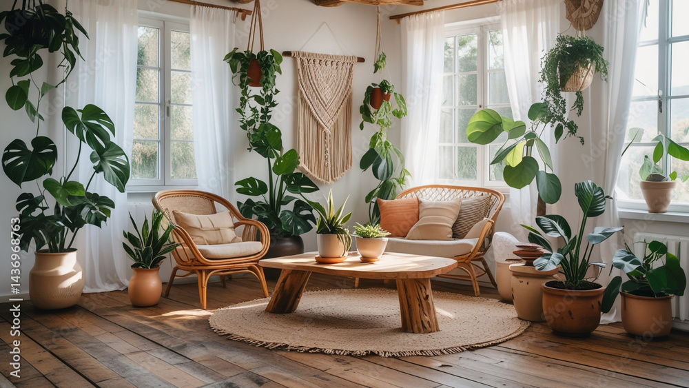Fototapeta premium Bohemian Living Room with Greenery