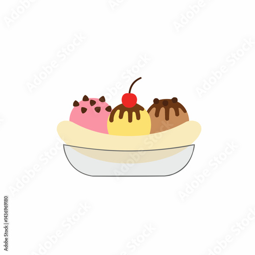 Delicious illustration featuring three scoops of ice cream. Topped with cherry