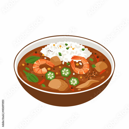 Plate with rice, brown stew with shrimp, and vegetables in a white bowl, brown trim