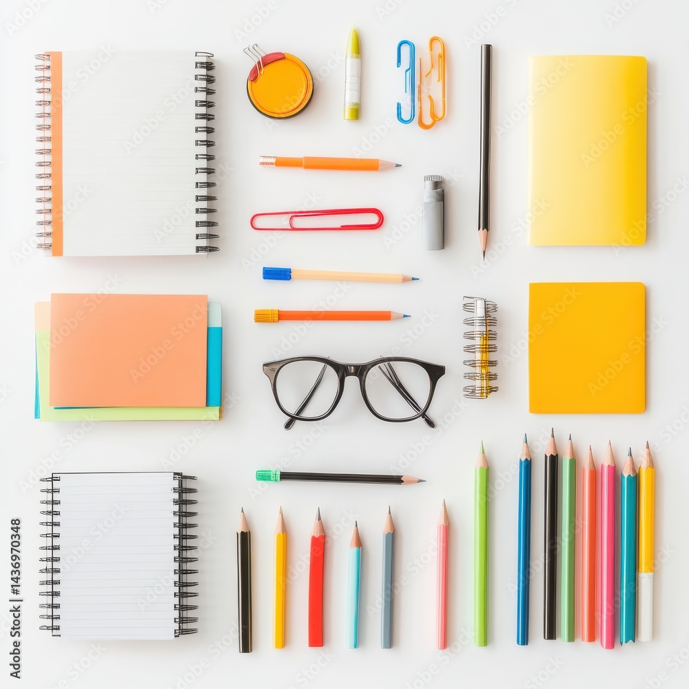 Naklejka premium Creative organization of school supplies flat lay classroom educational environment aesthetic viewpoint