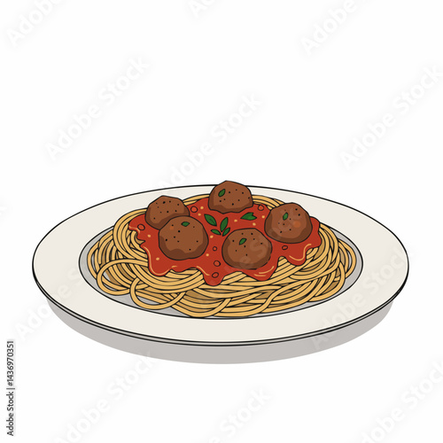 Cartoon spaghetti and meatballs, red sauce, garnish, on a cream-colored plate