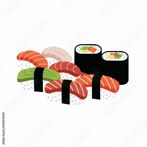 Sushi assortment of fish and rolls on a white background, flat vector graphic