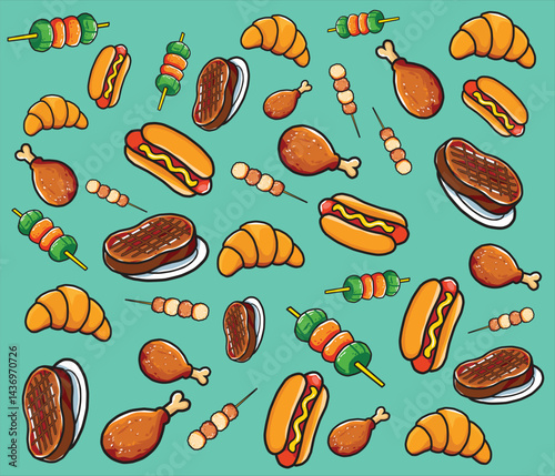 Fun and vibrant food illustration pattern with a variety of grilled and baked dishes, perfect for restaurant or cafe-themed designs