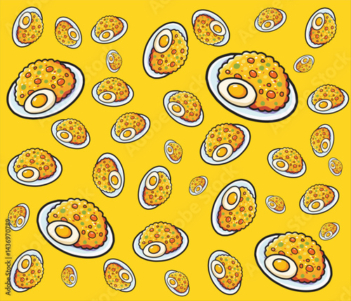 Colorful Fried Rice seamless background in cartoon style on yellow, ideal for fabric or kitchen decor.