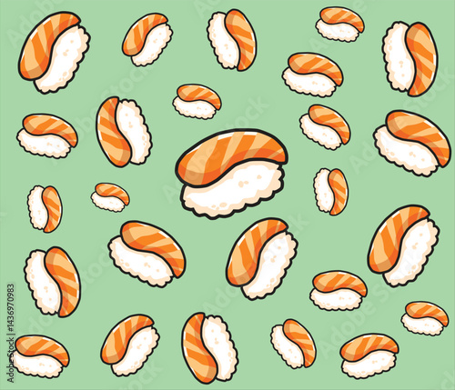 Tasty salmon sushi seamless pattern with fun and vibrant cartoon style for restaurant or kitchen decor