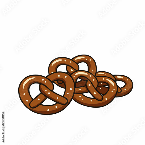 Cartoon pretzels at bottom of white background, stacked and brown with salt dots