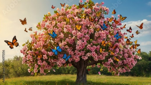 Butterflies on Blossoming Tree: A radiant tree in full bloom becomes a natural haven for butterflies, presenting a vibrant display of life. A visual poem of springtime serenity.