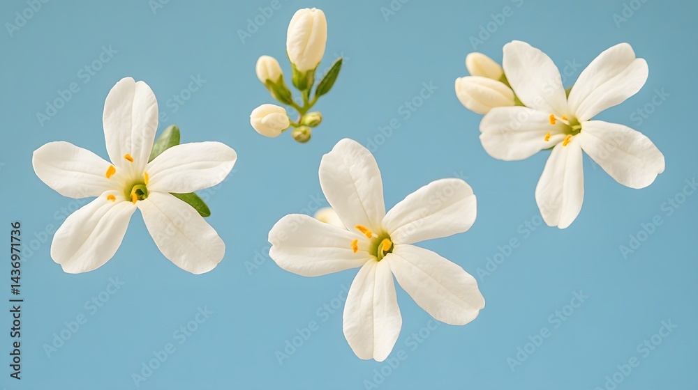 Obraz premium Floating Delicate White Flowers Blue Background Botanical Photography