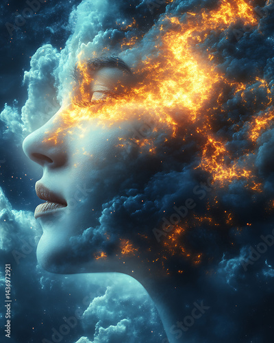 Surreal image of a female silhouette with fiery clouds and stars portraying an imaginative dreamlike concept : Generative AI