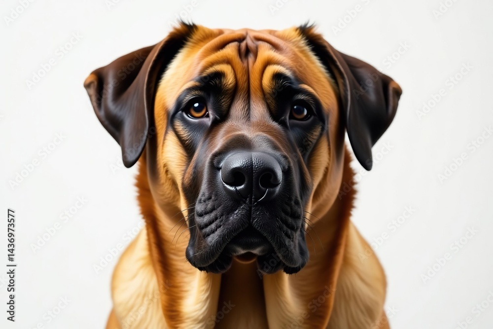 Obraz premium Noble mastiff head shot, intense gaze, pure white backdrop, noble, texture, eyes