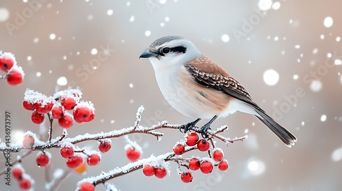 A northern shrike perched on a frozen twig, sharp beak and intense gaze highlighted against a backdrop of snow-covered fields and a pale winter sky 