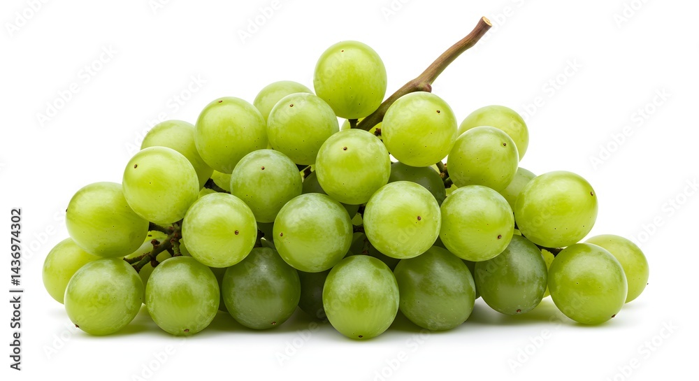 A close up shot of a bunch of green grapes with a small stem on a white background in a studio shot A close up shot of a bunch of green grapes with a small stem on a white background in a studio shot