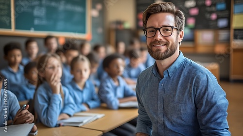 Happy male teacher with students in a classroom setting