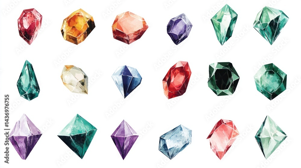 Naklejka premium Colorful gemstone collection; watercolor painting; white background; jewelry design