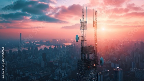 Antenna communication technology with city background. Communication tower connect to data of smart city. Telecommunication 5G