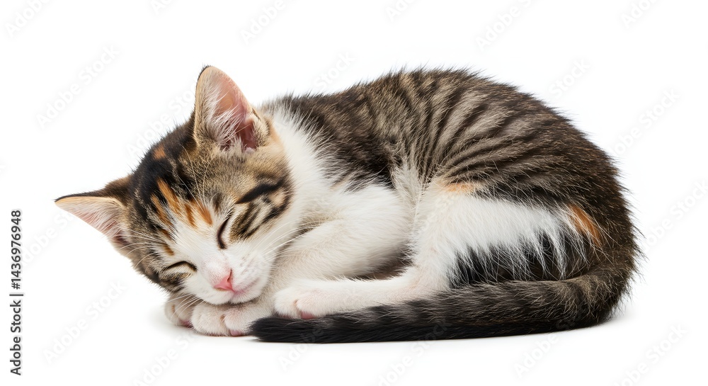Obraz premium A small tabby kitten curled up asleep on a white background with its eyes closed and a pink nose