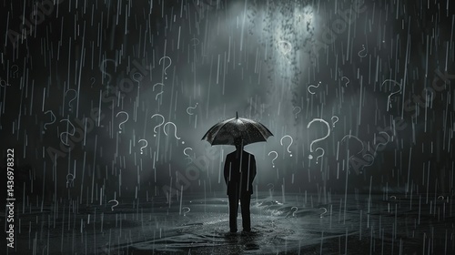 Fototapeta Naklejka Na Ścianę i Meble -  In this evocative image, a solitary figure is seen standing in a downpour, shielded only by a small umbrella