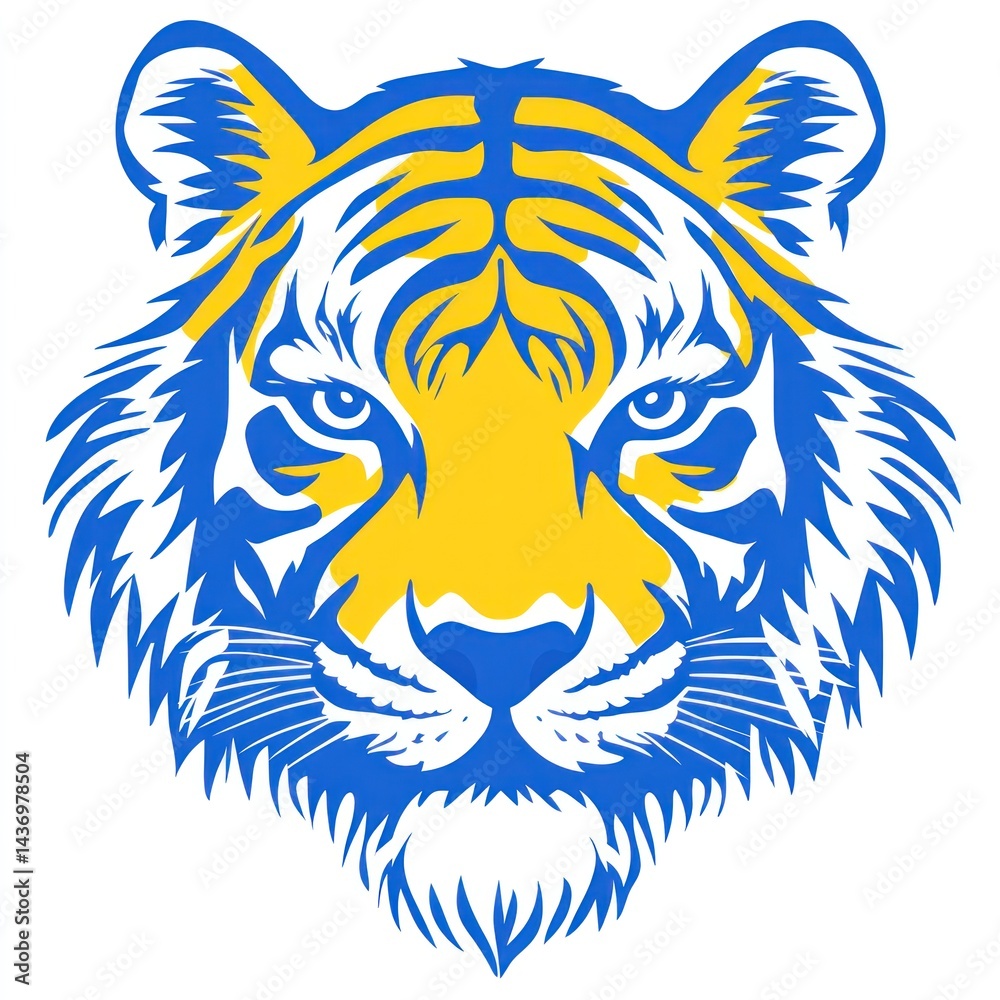 Fototapeta Blue and yellow tiger head, mascot design, sports team logo, white background