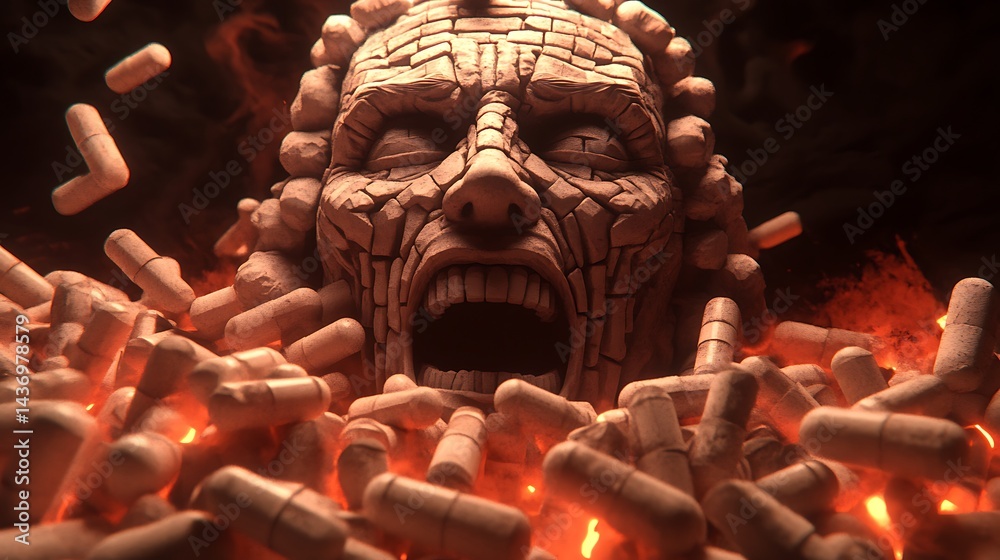 Fototapeta premium Dramatic stone head in fiery environment