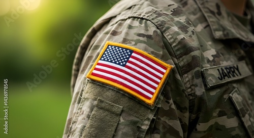 Close-up of U. S. military uniform with American flag patch. Soldier detail, national emblem. Represents patriotism, honor, commitment. Blurred background. Symbol of nation pride, service to country