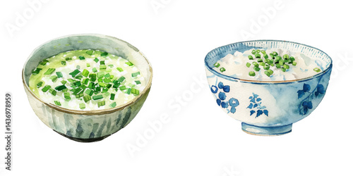 congee bowl watercolor vector illustration