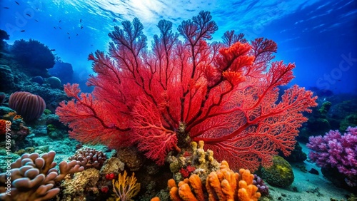 Fototapeta Naklejka Na Ścianę i Meble -  Red fan coral on a colorful coral reef