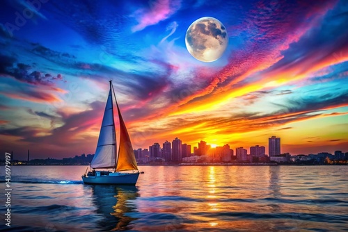 Vibrant Sunset Sailboat, Full Moon, Urban Exploration Photography