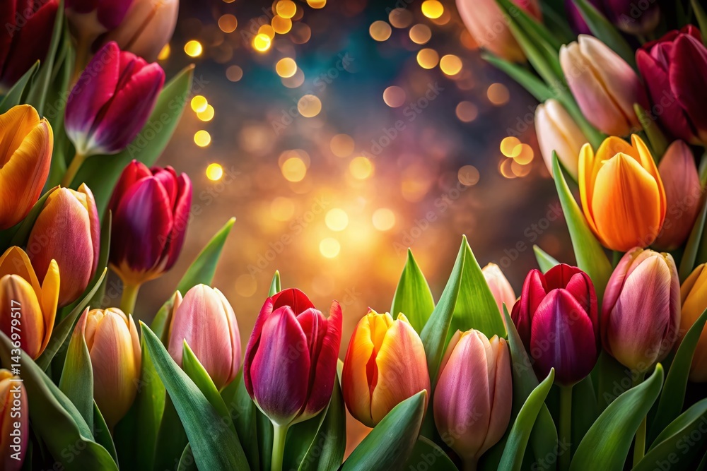 Fototapeta premium Vibrant Tulip Bloom Frame Border, Low Light Photography, Negative Space Layout, Floral Design Element