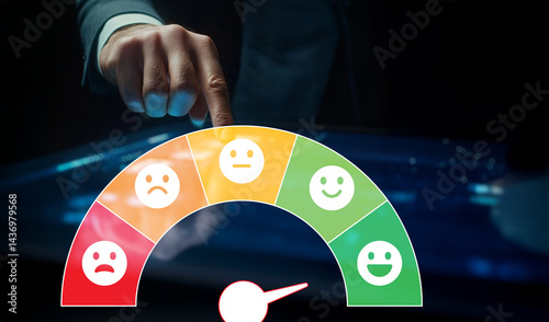 Businessman Interacting with Satisfaction Meter to Gauge Customer Experience and Enhance Feedback in Corporate Environment for Improved Services