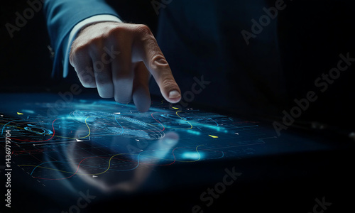 Business Professional Interacting with Futuristic Digital Interface on Touchscreen Display, Analyzing Data and Information for Innovative Solutions