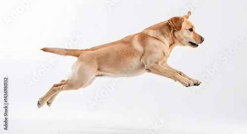 A golden labrador retriever mid jump against a plain white background in a studio setting with good light