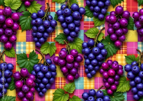 Wallpaper Mural seamless pattern of grape bunches on colorful patchwork fabric Torontodigital.ca
