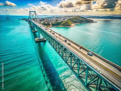 Vintage Aerial Panorama: Modern Highway Bridge Over Turquoise Ocean Cityscape