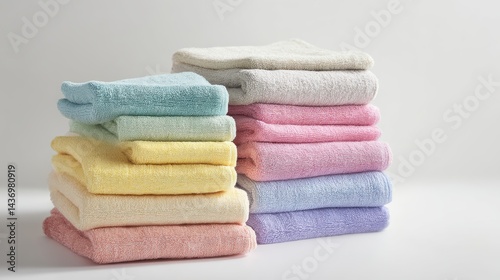 Neatly Stacked Colorful Towels in Soft Pastel Shades for Home and Bath Use