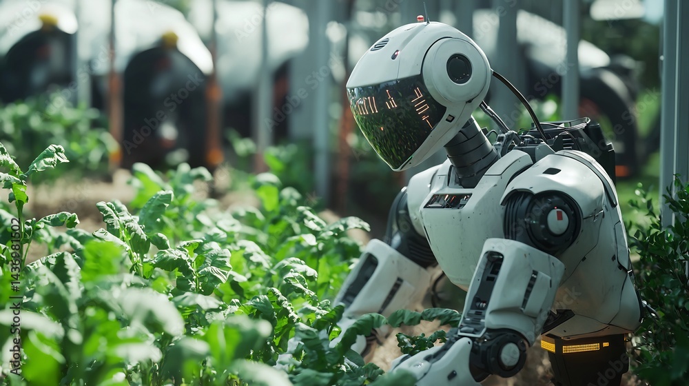 Fototapeta premium Robot Tending Plants in Greenhouse