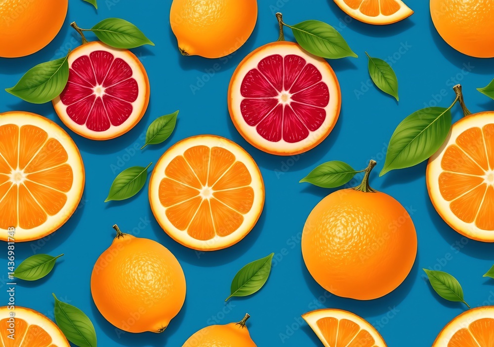 seamless pattern of citrus fruits flat vector on sapphire blue background seamless pattern of citrus fruits flat vector on sapphire blue background
