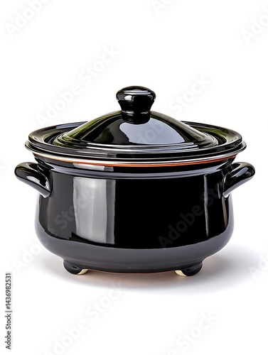 Black ceramic pot with lid and handles, ideal for stews or slow cooking