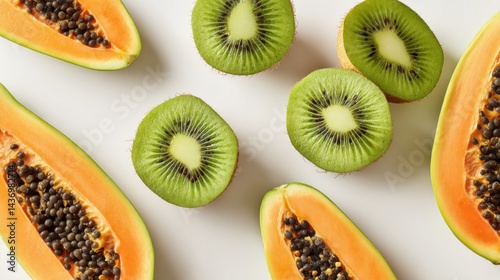 Fresh Slices of Papaya and Kiwi on White Background for Healthy Food Concept