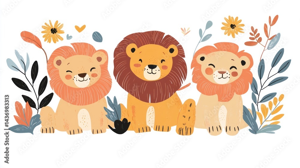 Three cute lion cubs sitting amongst flowers. Kids' book illustration Three cute lion cubs sitting amongst flowers. Kids' book illustration