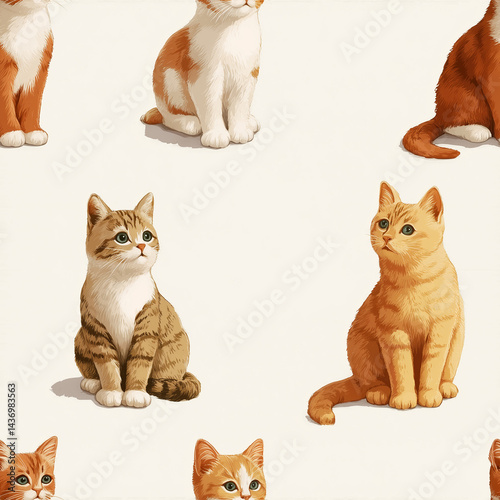 set of cats seamless pattern on cream background