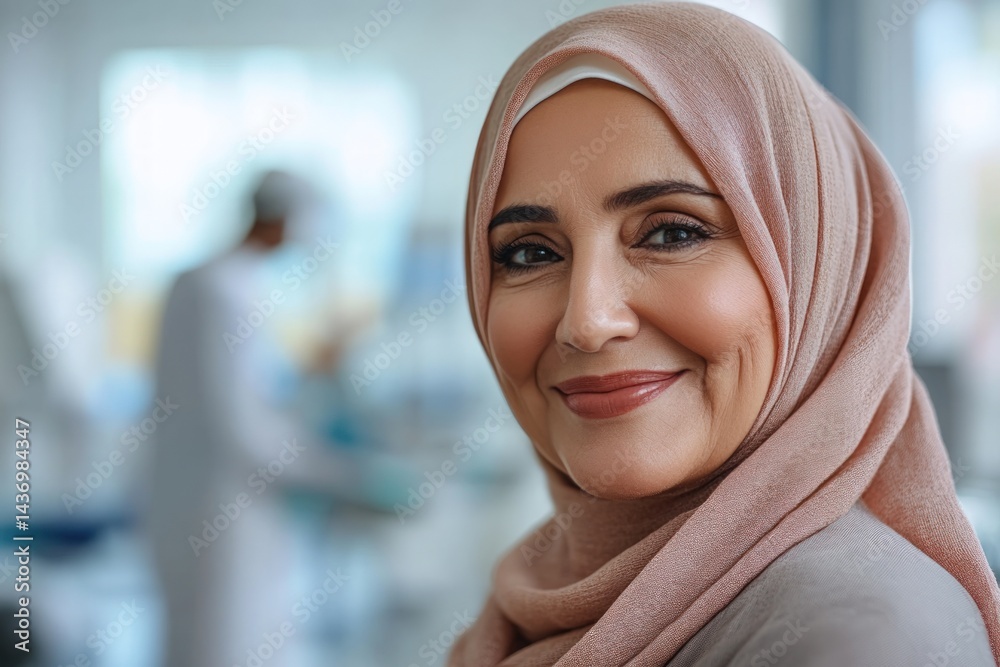 Smiling woman in hijab in medical setting Smiling woman in hijab in medical setting