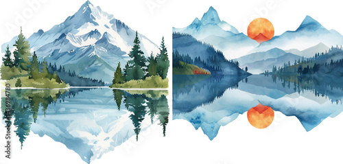 serene mountain bike lake watercolor vector illustration