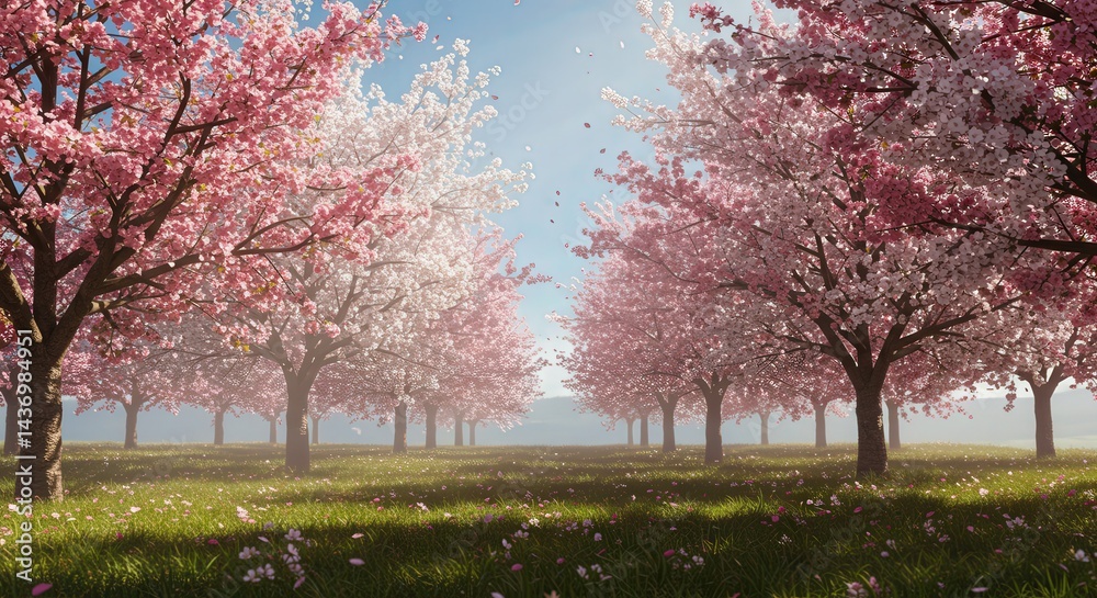 Sunlit Cherry Blossom Grove with Falling Petals and Misty Meadow Sunlit Cherry Blossom Grove with Falling Petals and Misty Meadow