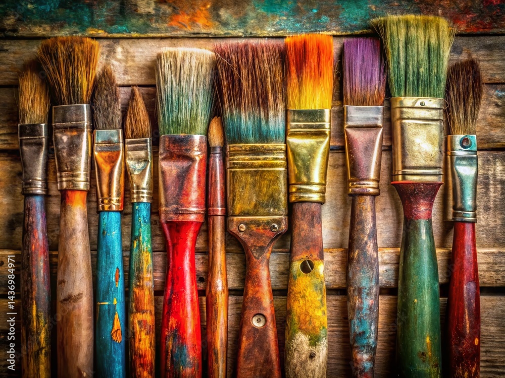Fototapeta premium Vintage Paintbrushes with Colorful Stains - Artistic Stock Photo