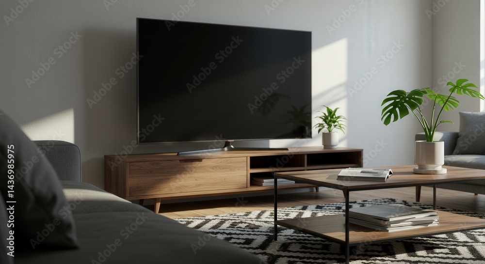 Fototapeta premium Modern Living Room with Wooden TV Stand and Coffee Table