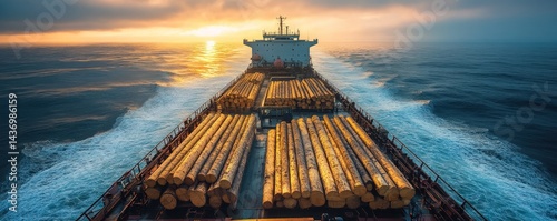 Cargo ship loaded with timber at sunset
