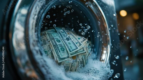 A close-up of a washing machine filled with currency, money laundering concept, water bubbles create a sense of financial unease and illicit activities.