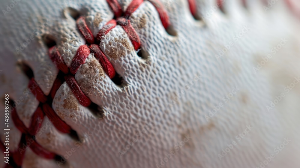 Obraz premium Close-up of a worn baseball's stitching and textured leather.