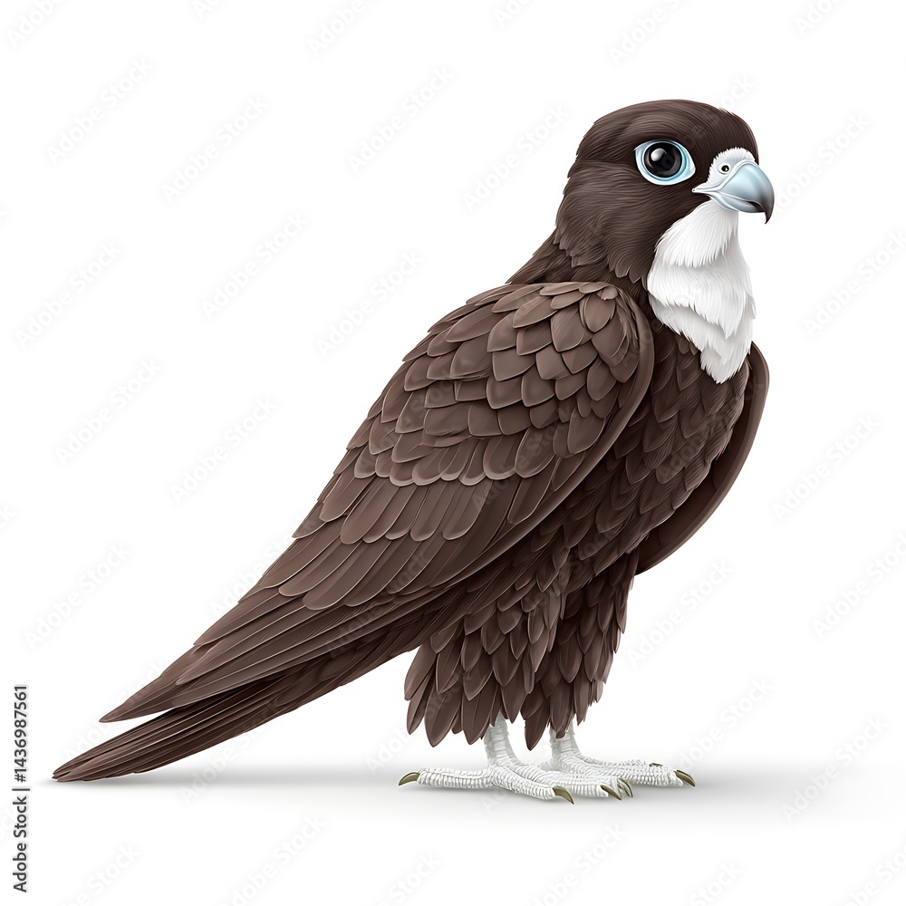 Fototapeta premium A detailed illustration of a brown falcon with white markings on its chest and blue eyes, standing on a white background